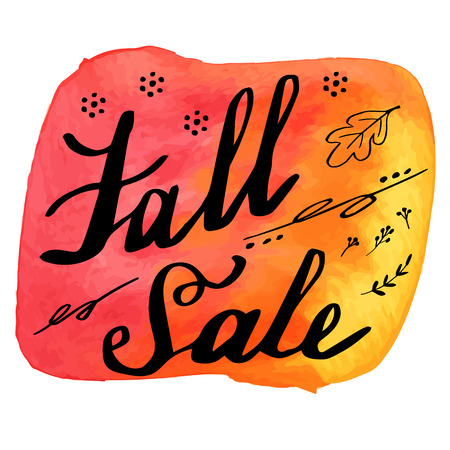 Hand written phrase Fall Sale on abstract hand painted watercolor texture. Colorful autumn banner template with hand lettering isolated on white background. Vector illustration.のイラスト素材