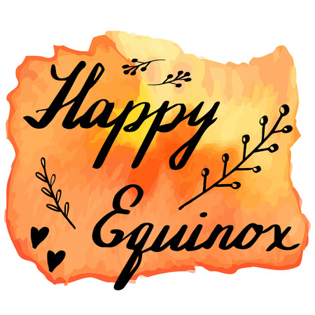 Hand written phrase Happy Equinox on abstract hand painted watercolor texture. Colorful autumn banner template with hand lettering isolated on white background. Vector illustration.のイラスト素材