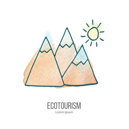 Mountains and sun. Ecotourism monochromatic line design element on hand painted abstract watercolor texture.のイラスト素材