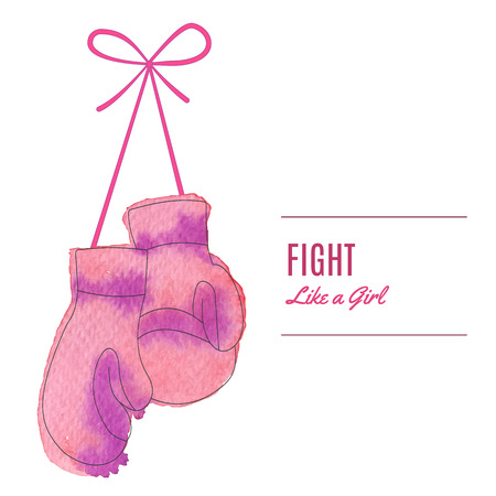 Pink hanging  boxing gloves.  Breast cancer awareness flyer, poster with thin line icon on abstract watercolor texture. Vector template with breast cancer design elements isolated on white background.のイラスト素材