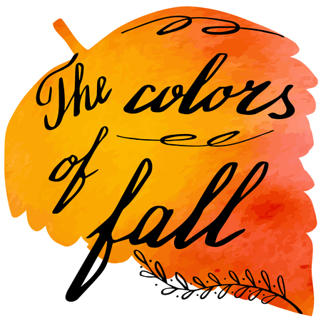Hand written phrase The Colors of Fall on abstract hand painted watercolor texture in leaf shape. Colorful autumn foliage banner template with hand lettering isolated on white background. Vector illustration.のイラスト素材