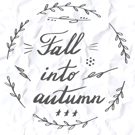 Autumn lettering and calligraphy design. Handwritten phrases. Modern brush font on autumn theme isolated on crumpled paper texture. Unique hand drawn calligraphic design elements. Vector illustration.のイラスト素材