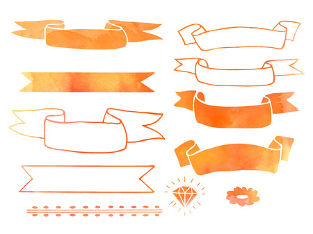 Collection of hand drawn doodle design elements with watercolor texture isolated on white background. Set of autumn handdrawn borders, ribbons, banners. Abstract sketched shapes. Vector illustration.のイラスト素材