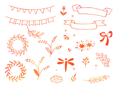 Collection of hand drawn doodle design elements with watercolor texture isolated on white background. Set of autumn handdrawn dragonfly, borders, laurel wreath, floral dividers, bunting flags. Vector.のイラスト素材