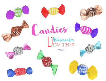 Hand painted watercolor assorted candies. Set of 10 colorful, bright watercolor graphic design elements isolated on white background. Chocolate sweets, candies, caramel collection. Vector illustrationのイラスト素材