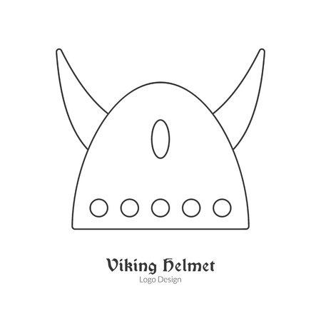 Medieval horned Viking helmet. Single viking in modern thin line style isolated on white background. Outline medieval theme symbol. Simple mono linear pictogram.のイラスト素材