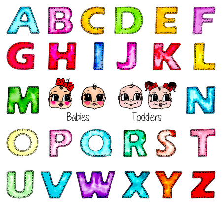 Watercolor hand painted kids English alphabet set and cute children faces. Baby girl, boy, toddler girl and boy. Cartoon colorful watercolour letters isolated on white background. Vector illustration.のイラスト素材