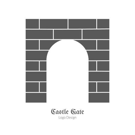 Medieval castle brick gate. Single logo in modern black simple style isolated on white background. Medieval theme silhouette symbol. Simple medieval pictogram, logotype template. Vector illustration.のイラスト素材