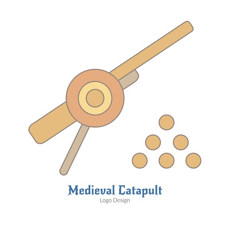 Medieval cannon with cannonballs. Single logo in flat, thin line style isolated on white background. Colorful medieval theme symbol. Simple medieval pictogram, logotype template. Vector illustration.のイラスト素材