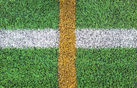 White and yellow line cross in soccer fieldの写真素材