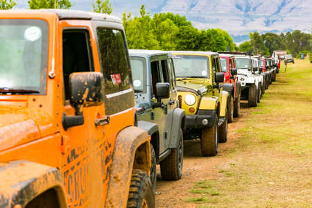 Harrismith, South Africa - October 02 2015: Jeep Convoy at 4x4 Driver Training Camp in the Drakensbergのeditorial素材
