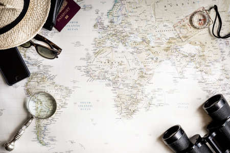Flat Lay travel map and itemsのeditorial素材