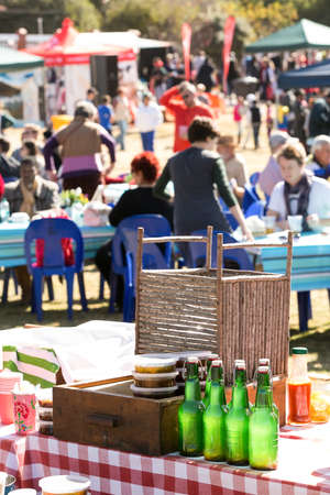 Johannesburg, South Africa - June 7, 2014: Home made produce for sale at vendor stall at outdoor farmer's marketのeditorial素材