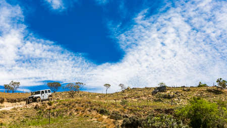 Harrismith, South Africa - October 02 2015: 4x4 Mountain Path Driver Training at Camp Jeep in the Drakensbergのeditorial素材