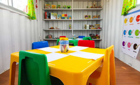 Johannesburg, South Africa - November 07, 2011: Inside interior of Small Portable Preschool Classroom made from a shipping containerのeditorial素材