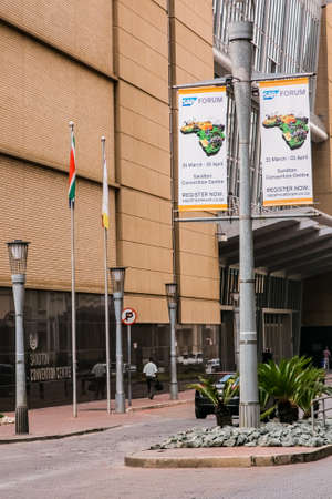 Johannesburg, South Africa - March 31, 2015: Street signage for Sandton Convention Centre from Maude Streetのeditorial素材