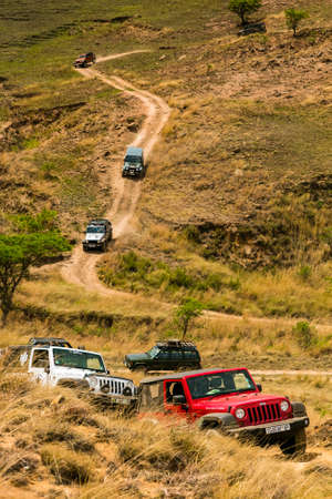 Harrismith, South Africa - October 02 2015: 4x4 Mountain Path Driver Training at Camp Jeep in the Drakensbergのeditorial素材
