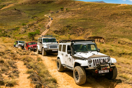 Harrismith, South Africa - October 02 2015: 4x4 Mountain Path Driver Training at Camp Jeep in the Drakensbergのeditorial素材