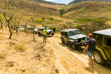 Harrismith, South Africa - October 02 2015: 4x4 Mountain Path Driver Training at Camp Jeep in the Drakensbergのeditorial素材