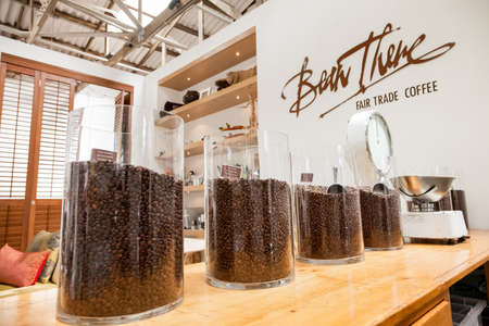 Johannesburg, South Africa - January 14, 2013: Counter space and signage inside small independent fair trade coffee shopのeditorial素材