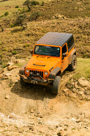 Harrismith, South Africa - October 02 2015: 4x4 Mountain Path Driver Training at Camp Jeep in the Drakensbergのeditorial素材