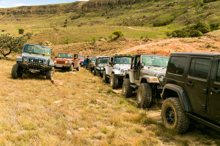 Harrismith, South Africa - October 02 2015: 4x4 Mountain Path Driver Training at Camp Jeep in the Drakensbergのeditorial素材