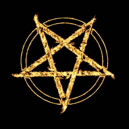 Burning Flames Effect on a Pentagram Symbol on a black backgroundの写真素材