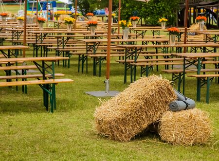 Bales of hay at a outdoor picnicの写真素材