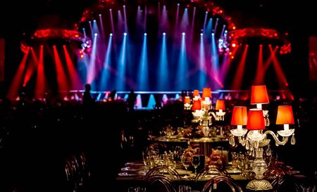 Christmas Decor with candles and lamps for a large party or Gala Dinnerの写真素材
