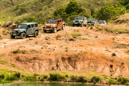 Harrismith, South Africa - October 02 2015: 4x4 Mountain Path Driver Training at Camp Jeep in the Drakensbergのeditorial素材