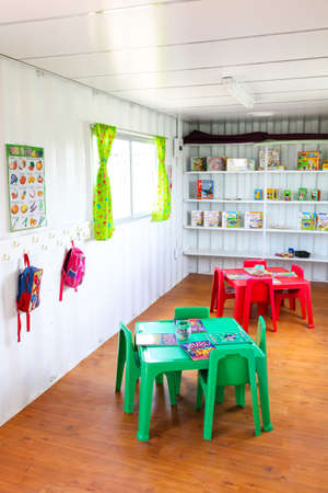 Johannesburg, South Africa - November 07, 2011: Inside interior of Small Portable Preschool Classroom made from a shipping containerのeditorial素材