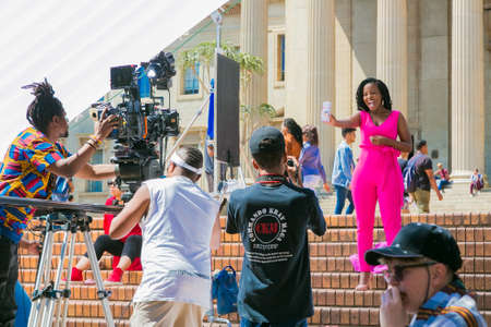 Johannesburg, South Africa - October 09 2018: Behind the scenes of a Television advert Film Set on location at a University Campusのeditorial素材