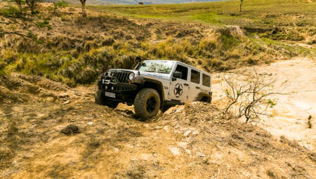 Harrismith, South Africa - October 02 2015: 4x4 Mountain Path Driver Training at Camp Jeep in the Drakensbergのeditorial素材