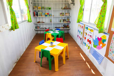 Johannesburg, South Africa - November 07, 2011: Inside interior of Small Portable Preschool Classroom made from a shipping containerのeditorial素材