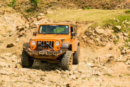 Harrismith, South Africa - October 02 2015: 4x4 Mountain Path Driver Training at Camp Jeep in the Drakensbergのeditorial素材