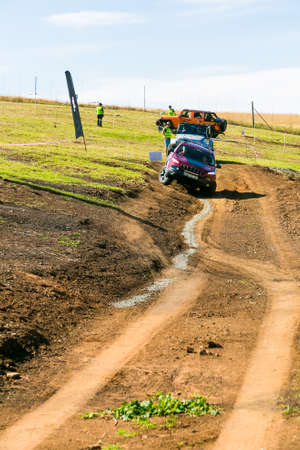 Harrismith, South Africa - October 02 2015: 4x4 Obstacle Driver Training at Camp Jeep in the Drakensbergのeditorial素材