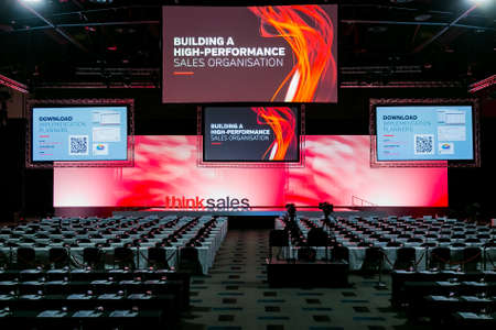 Johannesburg, South Africa - August 21, 2018: Rows of empty chairs in large Conference hall for...