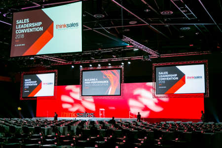 Johannesburg, South Africa - August 21, 2018: Rows of empty chairs in large Conference hall for...