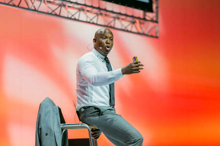 Johannesburg, South Africa - August 21, 2018: Entrepreneur and speaker Vusi Thembekwayo live on stage at Think Sales Conventionのeditorial素材
