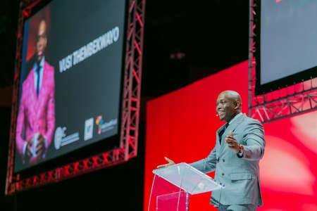 Johannesburg, South Africa - August 21, 2018: Entrepreneur and speaker Vusi Thembekwayo live on stage at Think Sales Conventionのeditorial素材