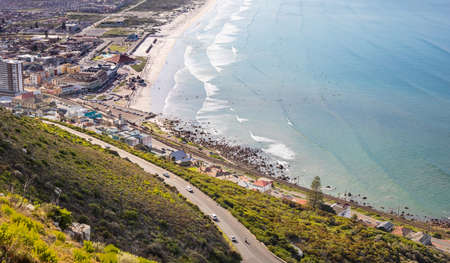 Elevated view of Muizenberg beach Cape Town, a coastal holiday townの写真素材