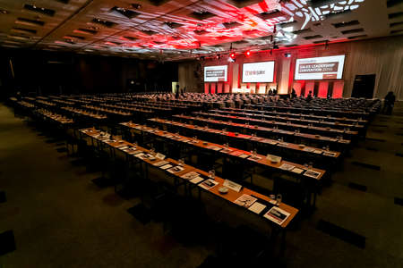 Johannesburg, South Africa - August 20, 2015: Rows of empty chairs in large Conference hall for Think Sales Leadership Conventionのeditorial素材