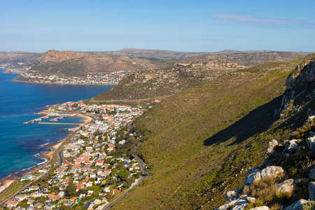 Elevated panoramic view of Kalk Bay Harbour in False Bay, Cape Townの写真素材