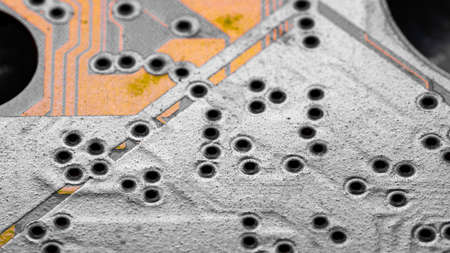 Macro Close up of printed wiring and components on PC circuit board