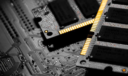 Macro Close up of computer RAM chip; random access memory chip slot for PC motherboardの写真素材