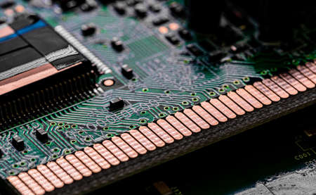 Macro Close up of components and microchips on PC circuit board
