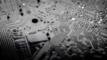 Macro Close up of printed wiring and soldering on PC circuit board