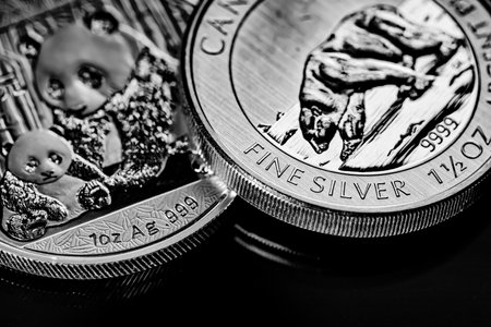Macro Close up of  Silver Bullion Coin on a black mirror backgroundの写真素材