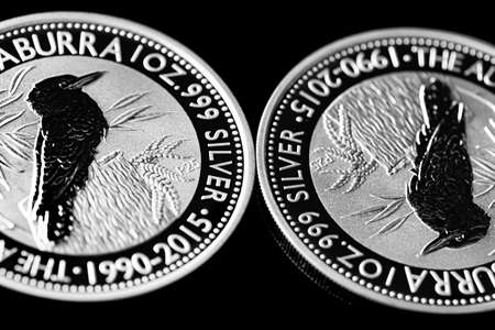 Macro Close up of  Silver Bullion Coin on a black mirror background