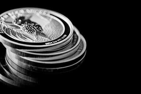 Macro Close up of  Silver Bullion Coin on a black mirror backgroundの写真素材